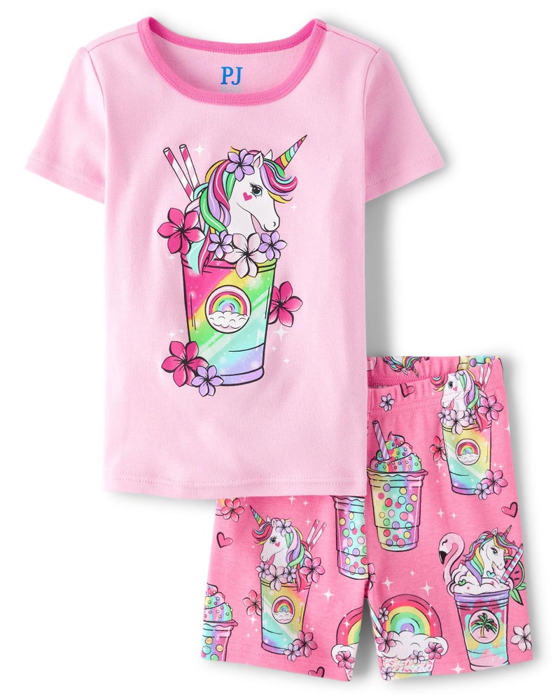 The Children's Place Girls' 100% Cotton Sleeve Top and Shorts 2 Piece Pajama Set, Unicorn Shake, 4 - Image 1