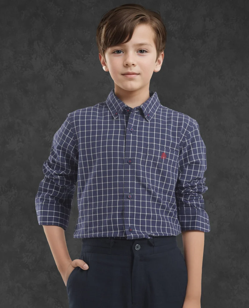 Rare Ones Rare Ones Kids Crew Navy Cotton Full Sleeves Button Down Collar Regular Fit Checked Shirt