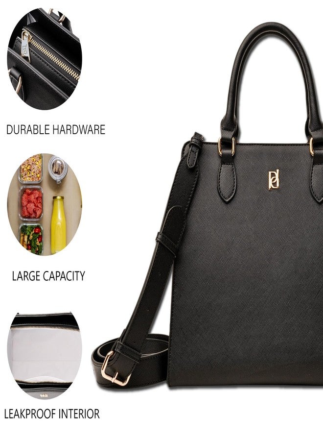 Pinca The Meghan - Black Lunch Satchel with Portable Utensils - Insulated Vegan Leather Lunch Bag for Work Office Picnic - Chic Designer Lunch Purse with Leakproof Zipper Closure and Adjustable Strap - Image 5