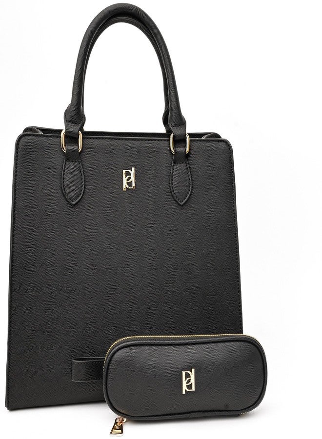 Pinca The Meghan - Black Lunch Satchel with Portable Utensils - Insulated Vegan Leather Lunch Bag for Work Office Picnic - Chic Designer Lunch Purse with Leakproof Zipper Closure and Adjustable Strap - Image 1