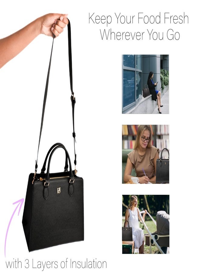 Pinca The Meghan - Black Lunch Satchel with Portable Utensils - Insulated Vegan Leather Lunch Bag for Work Office Picnic - Chic Designer Lunch Purse with Leakproof Zipper Closure and Adjustable Strap - Image 3