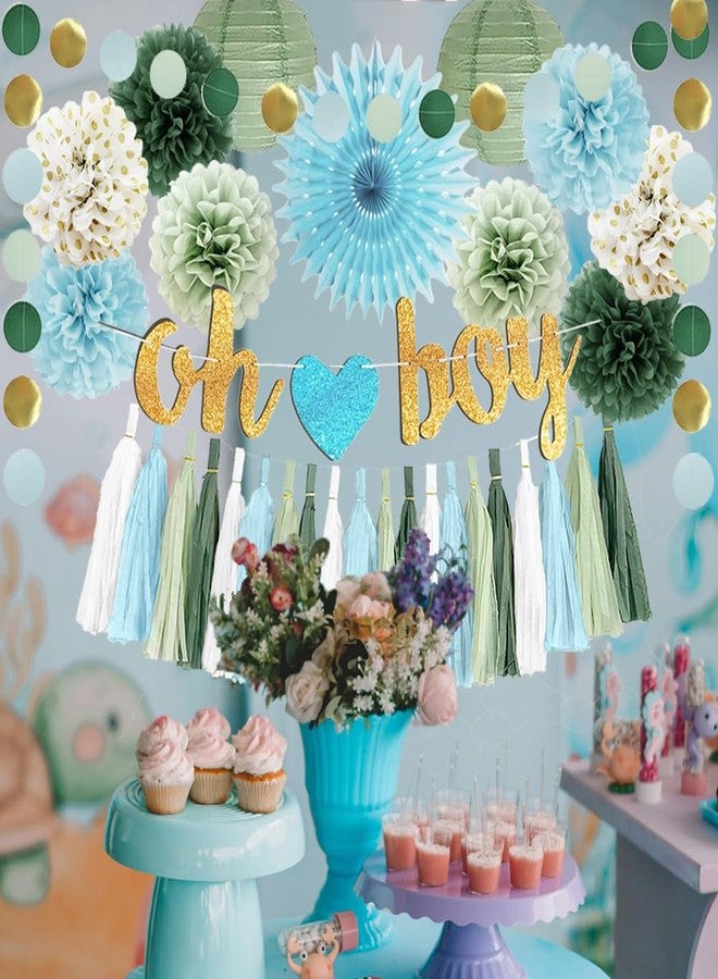 FETETIJD Sage Green and Blue Baby Shower Decorations Oh Boy Banner Sage Green Dusty Blue Tissue Paper Pom Poms Lanterns Paper Tassels Garland for Baby Boys Shower Party Decor - Image 3