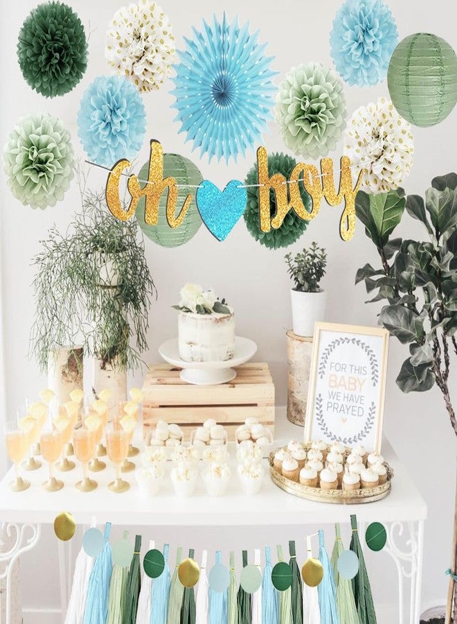 FETETIJD Sage Green and Blue Baby Shower Decorations Oh Boy Banner Sage Green Dusty Blue Tissue Paper Pom Poms Lanterns Paper Tassels Garland for Baby Boys Shower Party Decor - Image 5