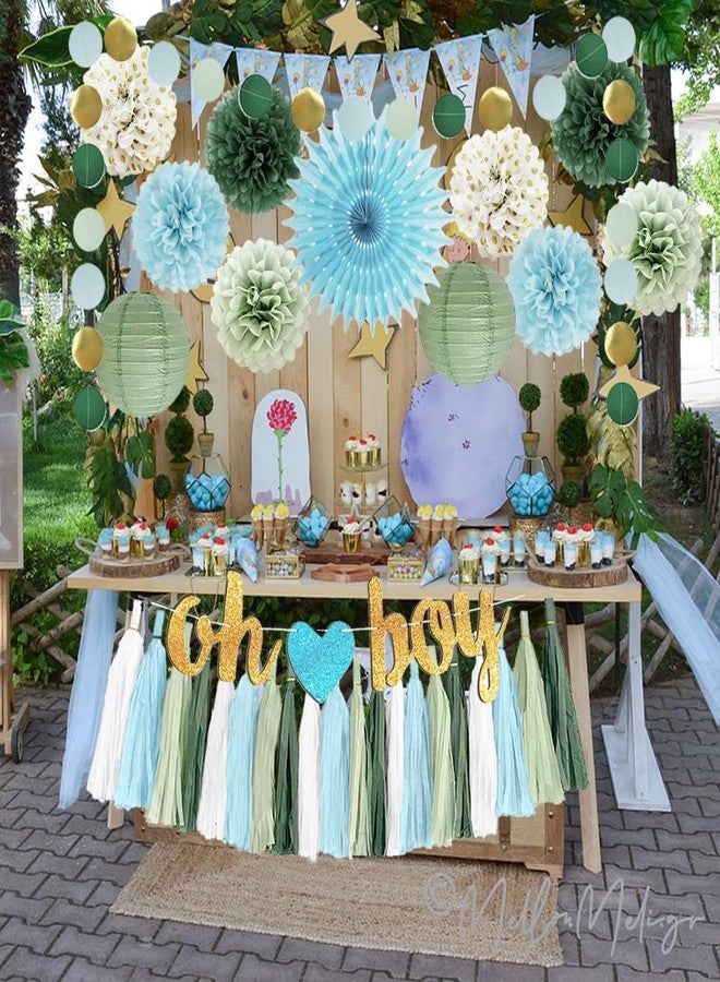 FETETIJD Sage Green and Blue Baby Shower Decorations Oh Boy Banner Sage Green Dusty Blue Tissue Paper Pom Poms Lanterns Paper Tassels Garland for Baby Boys Shower Party Decor - Image 2