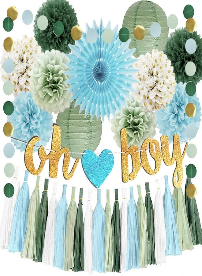 FETETIJD Sage Green and Blue Baby Shower Decorations Oh Boy Banner Sage Green Dusty Blue Tissue Paper Pom Poms Lanterns Paper Tassels Garland for Baby Boys Shower Party Decor - Image 1