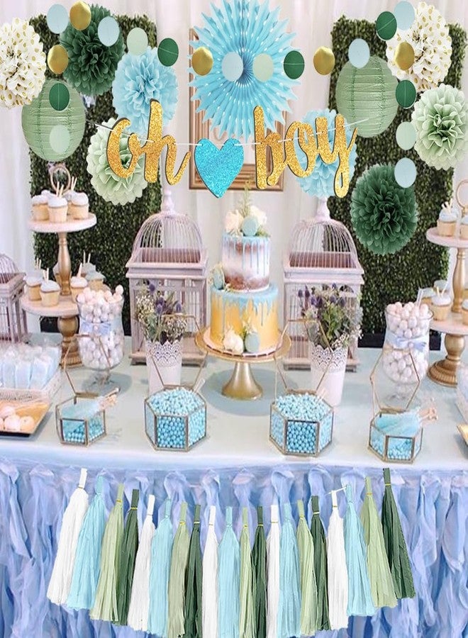 FETETIJD Sage Green and Blue Baby Shower Decorations Oh Boy Banner Sage Green Dusty Blue Tissue Paper Pom Poms Lanterns Paper Tassels Garland for Baby Boys Shower Party Decor - Image 4