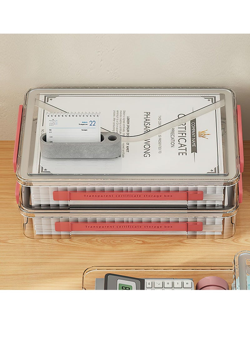 SYOSI Plastic Storage Bin with Lid Portable Project Case with Handle Stackable Certificate File Document Protector Transparent Box Clear Storage Box for A4 Letter Paper Photo Craft Scrapbook Red - Image 4