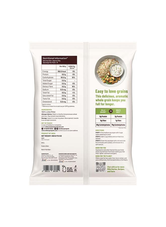 MIELLE Millé Little Millet Whole Grain | Kutki | Gluten Free | No Chemicals | High Plant Protein and Fibre | Millet Rice | Vegan | 100% Whole
Grain | 500 g - Image 2