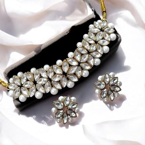 ACCESSHER Gold-Plated Kundan Bridal Choker Necklace Set with Stud Jewellery Traditional Indian Ethnic Design for Weddings & Festivals for Women & Girls - Image 3