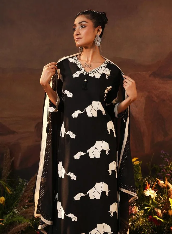 ISHIN Women's Black Rayon Printed Tunic Upper Calf Length Palazzo Bottom Straight Fit 3 Peice Kurta Set