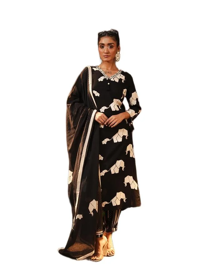 ISHIN Women's Black Rayon Printed Tunic Upper Calf Length Palazzo Bottom Straight Fit 3 Peice Kurta Set