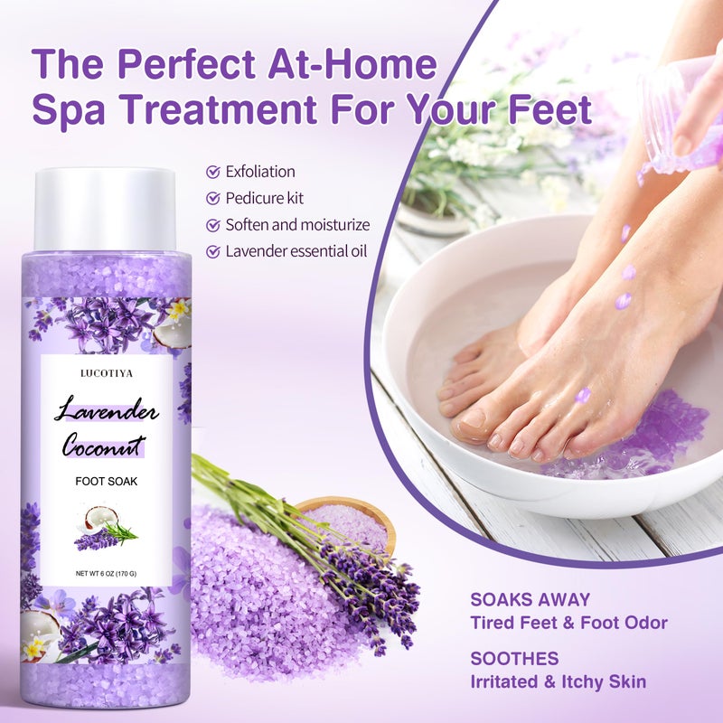 LUCOTIYA Lavender Foot Soak Set - Salts, Foot File, Scrub & Urea Cream Pedicure Supplies for Dry, Cracked Feet - Women's Spa Kit - Image 2