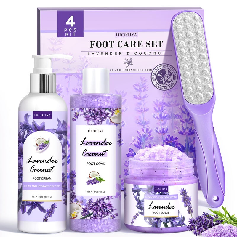 LUCOTIYA Lavender Foot Soak Set - Salts, Foot File, Scrub & Urea Cream Pedicure Supplies for Dry, Cracked Feet - Women's Spa Kit - Image 1