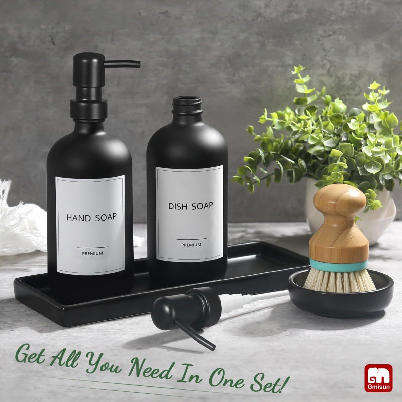 GMISUN Kitchen Soap Dispenser Set, 17 fl oz Dish Soap Dispenser with Ceramic Tray & Bamboo Brush for Kitchen, 2Pcs Matte Black Glass Hand and Dish Soap Dispenser Set, Refillable Soap Bottle Set - Image 2