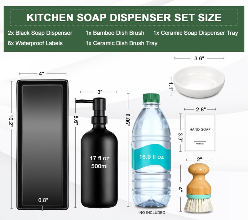 GMISUN Kitchen Soap Dispenser Set, 17 fl oz Dish Soap Dispenser with Ceramic Tray & Bamboo Brush for Kitchen, 2Pcs Matte Black Glass Hand and Dish Soap Dispenser Set, Refillable Soap Bottle Set - Image 3