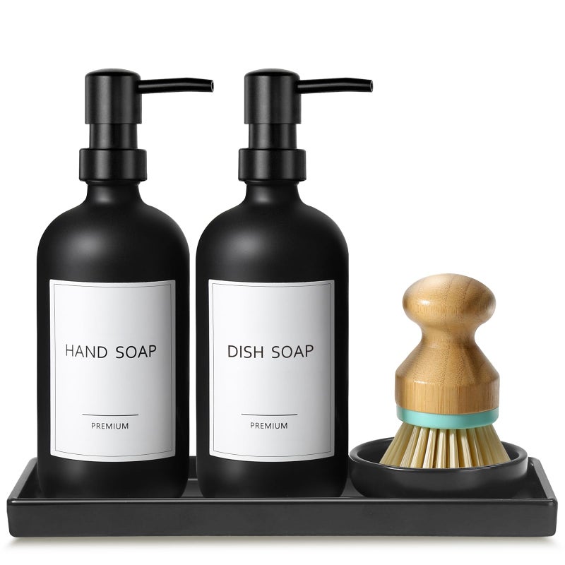 GMISUN Kitchen Soap Dispenser Set, 17 fl oz Dish Soap Dispenser with Ceramic Tray & Bamboo Brush for Kitchen, 2Pcs Matte Black Glass Hand and Dish Soap Dispenser Set, Refillable Soap Bottle Set - Image 1