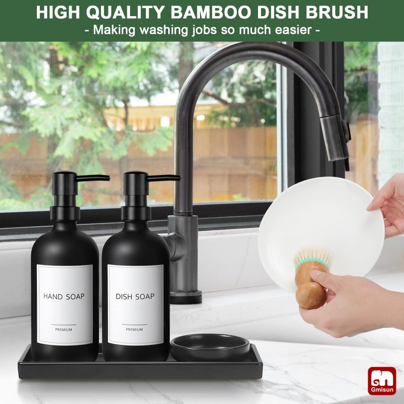 GMISUN Kitchen Soap Dispenser Set, 17 fl oz Dish Soap Dispenser with Ceramic Tray & Bamboo Brush for Kitchen, 2Pcs Matte Black Glass Hand and Dish Soap Dispenser Set, Refillable Soap Bottle Set - Image 5