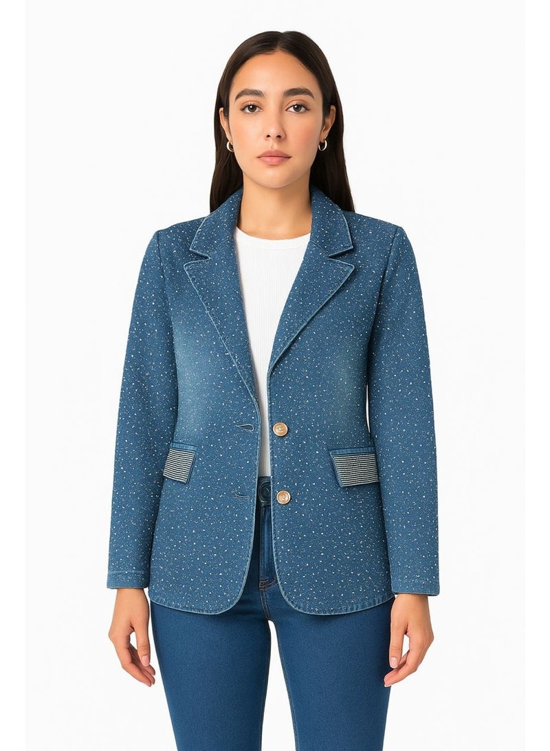 CHEVALIER FASHION BLUE DENIME BLAZER WITH RHINESTONE DETAILING - Image 1