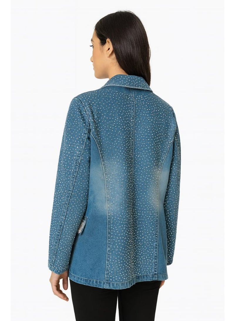 CHEVALIER FASHION BLUE DENIME BLAZER WITH RHINESTONE DETAILING - Image 2
