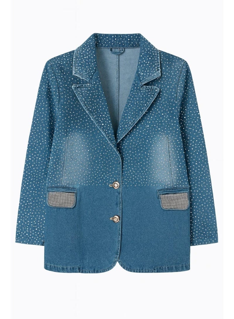 CHEVALIER FASHION BLUE DENIME BLAZER WITH RHINESTONE DETAILING - Image 5