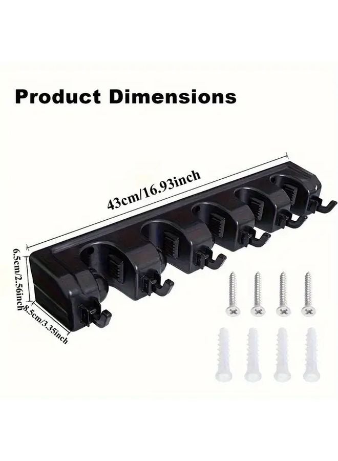 حامل مكنسة ثقيل للحائط مع 5 فتحات و6 خطاف، منظم رف أدوات بلاستيكي أسود - Image 5