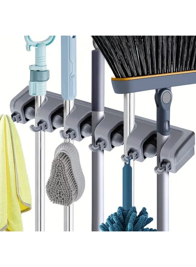 حامل مكنسة ثقيل للحائط مع 5 فتحات و6 خطاف، منظم رف أدوات بلاستيكي أسود - Image 4