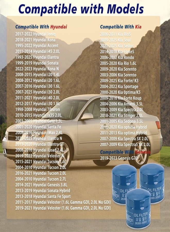 Lqito فلاتر زيت محرك Lqito مع حشية سدادة التصريف متوافقة مع هيونداي وكيا، بديل رقم 26300-35505 (3 قطع) - Image 4