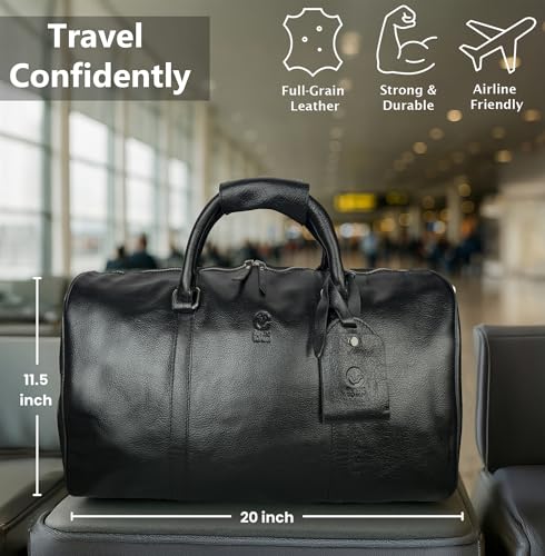 Rustic Town Leather Duffle Bag for Men Full Grain Leather Travel Bag TSA Approved Carry On Weekender Overnight Duffel Bag Black 20 inch - Image 3
