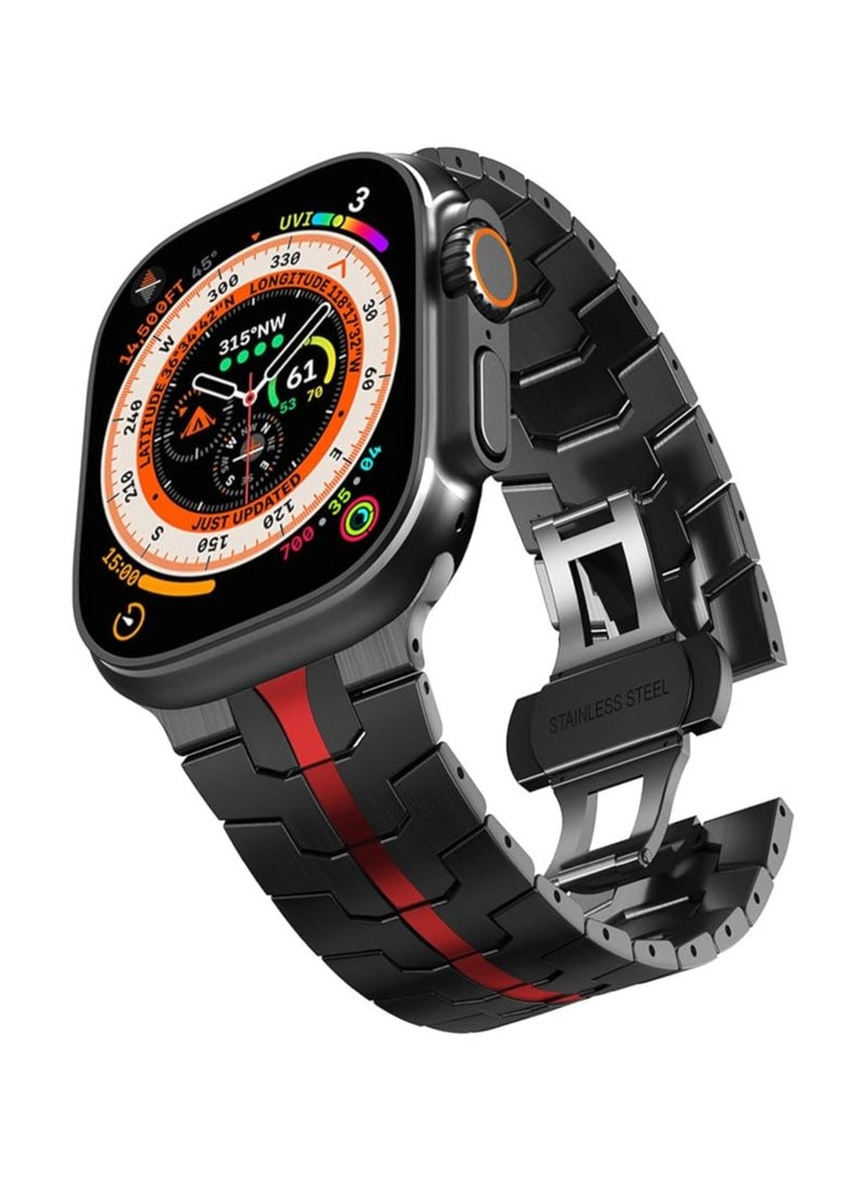 BGM Stainless Steel Strap For iWatch 49mm 46mm 45mm 44mm 42mm, Replacement Band Compatible For Apple Watch Series Ultra 3 | Ultra 2 | Ultra | 10 9 8 7 SE 6 5 4 3 2 1 - Black/Red  - Image 1