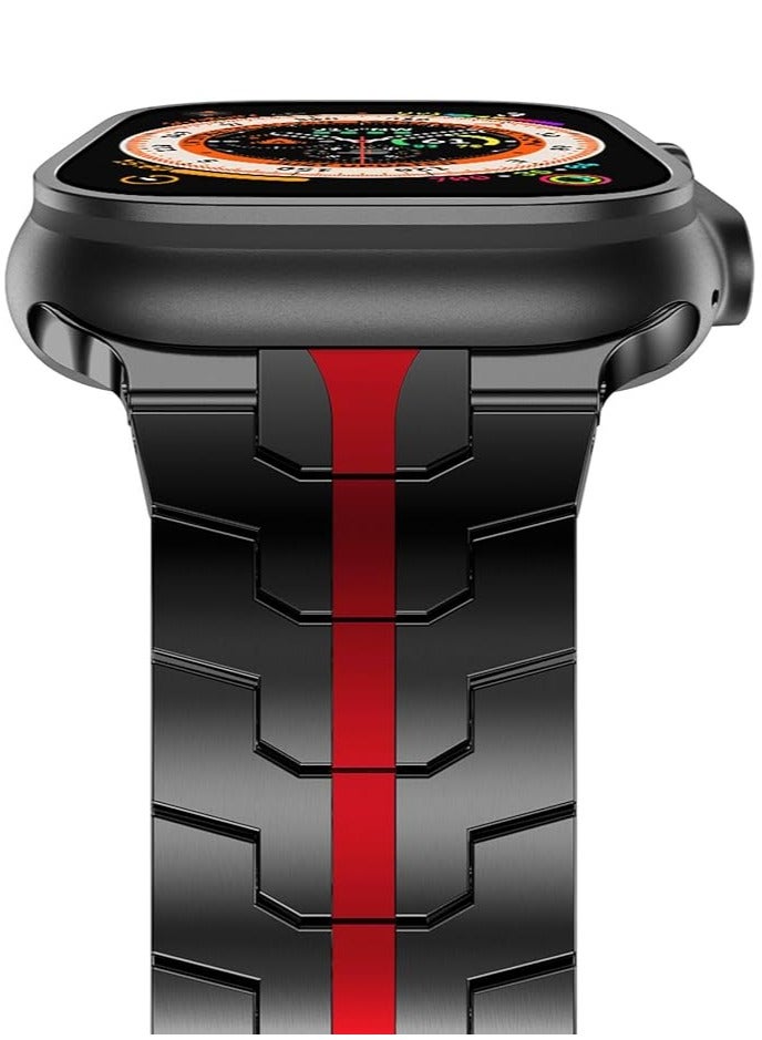 BGM Stainless Steel Strap For iWatch 49mm 46mm 45mm 44mm 42mm, Replacement Band Compatible For Apple Watch Series Ultra 3 | Ultra 2 | Ultra | 10 9 8 7 SE 6 5 4 3 2 1 - Black/Red  - Image 4