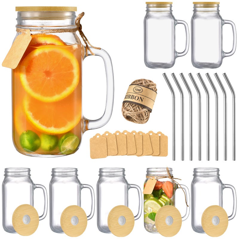 TANGLONG Mason Jar with Lid and Straw 24 oz Mason Jar Cups Set of 8 Glass Cups with Lids and Straws Mason Jars with Handle Drinking Glasses