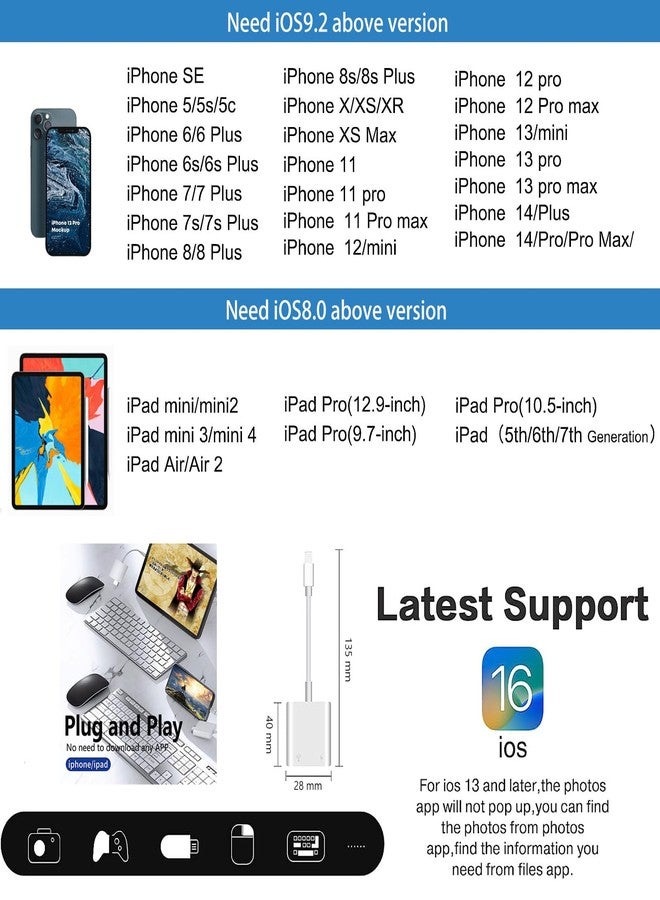 محول كاميرا Lightning إلى USB لأجهزة iPhone مع منفذ شحن، كابل OTG USB 3.0 أنثى لأجهزة iPad لتوصيل قارئ البطاقات، وذاكرة فلاش USB، ولوحة مفاتيح، وفأرة، وموزعات MIDI - Image 3