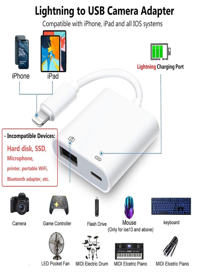 محول كاميرا Lightning إلى USB لأجهزة iPhone مع منفذ شحن، كابل OTG USB 3.0 أنثى لأجهزة iPad لتوصيل قارئ البطاقات، وذاكرة فلاش USB، ولوحة مفاتيح، وفأرة، وموزعات MIDI - Image 2
