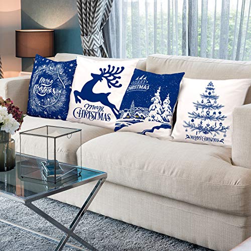 Whaline Merry Christmas Pillow Case White Blue Pillow Cover Snow Xmas Tree Reindeer Throw Cushion Cover Cushion Cases for Home Office Sofa Bed Christmas Party Decoration, 4Pcs, 18" x 18" - Image 5