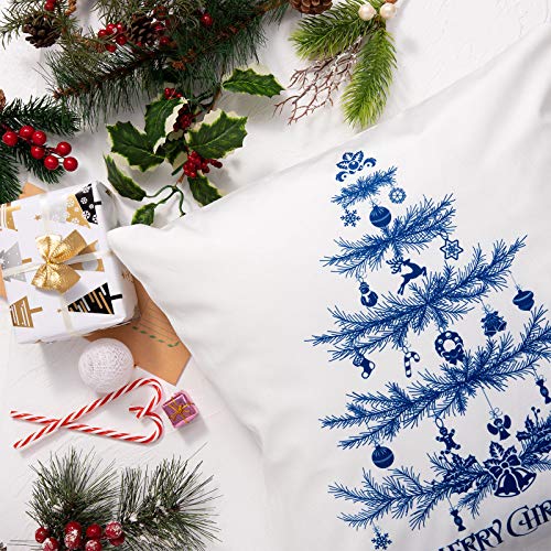 Whaline Merry Christmas Pillow Case White Blue Pillow Cover Snow Xmas Tree Reindeer Throw Cushion Cover Cushion Cases for Home Office Sofa Bed Christmas Party Decoration, 4Pcs, 18" x 18" - Image 4