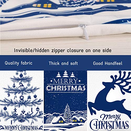 Whaline Merry Christmas Pillow Case White Blue Pillow Cover Snow Xmas Tree Reindeer Throw Cushion Cover Cushion Cases for Home Office Sofa Bed Christmas Party Decoration, 4Pcs, 18" x 18" - Image 3