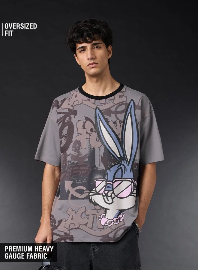 Men Grey Bugs Bunny Graphic Oversized T-Shirt