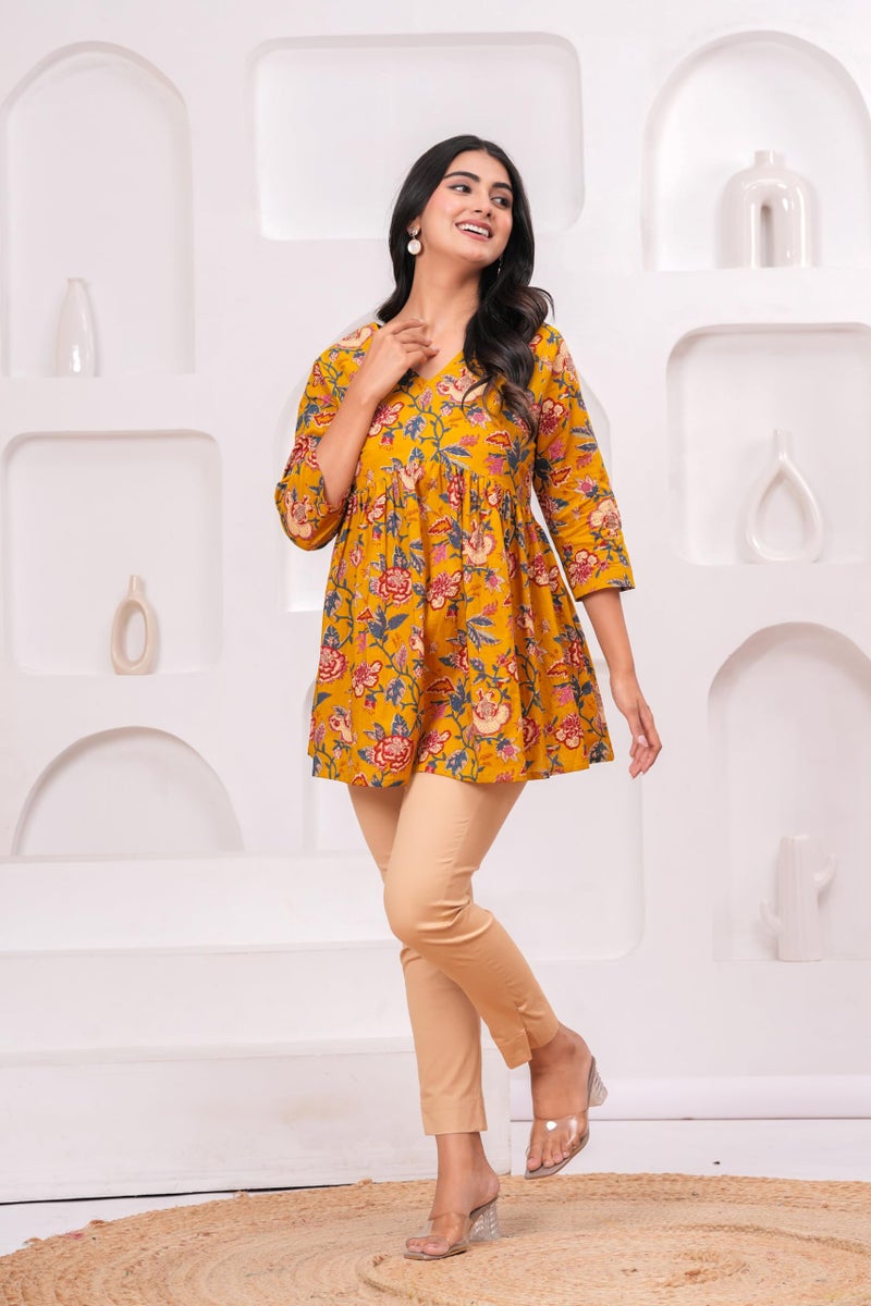 MEERA FAB Cotton Short Kurti Stylish Women's Floral Printed Top Yellow - Image 5