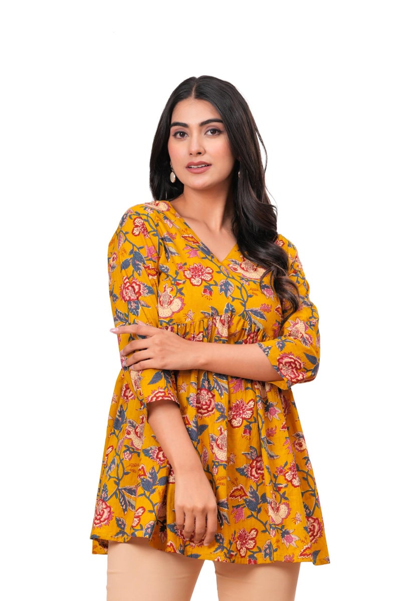 MEERA FAB Cotton Short Kurti Stylish Women's Floral Printed Top Yellow - Image 1