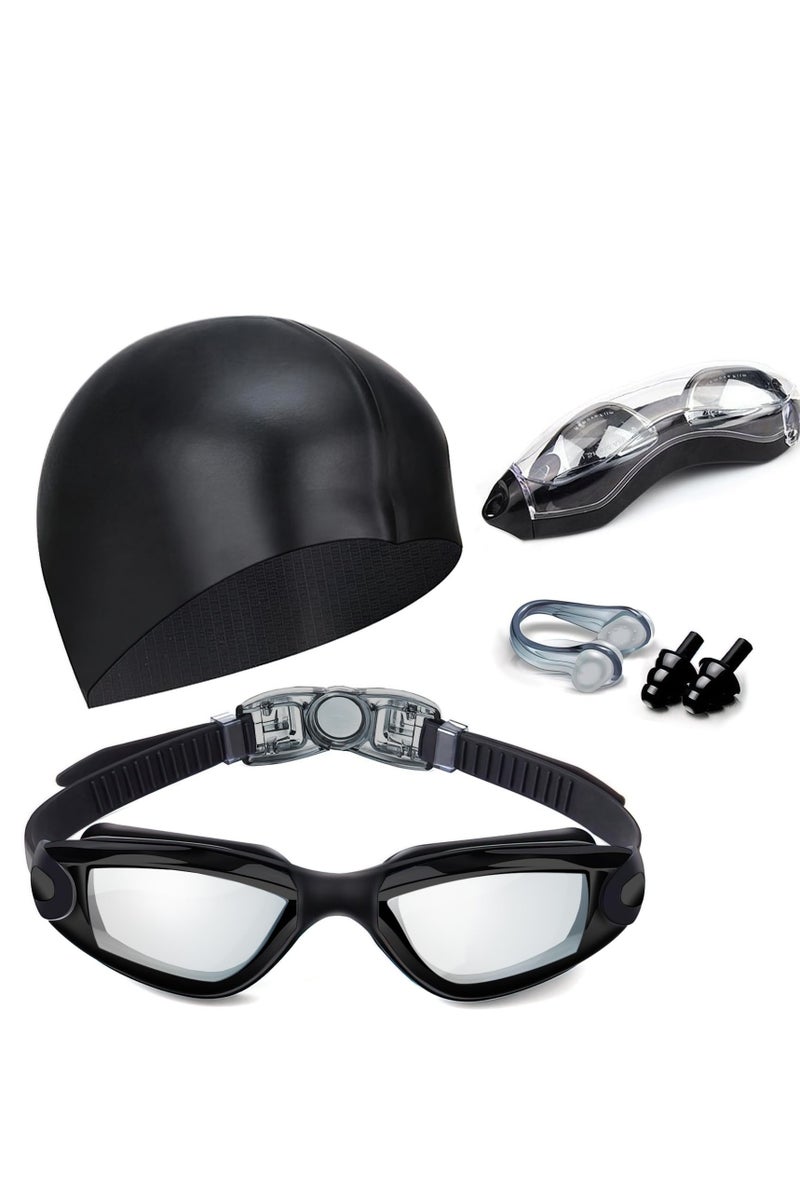 Swim Goggles Swimming Goggles No Leaking with Nose Clip, Earplugs, Swim Cap and Case for Men Women （Black-Clear） - Image 1
