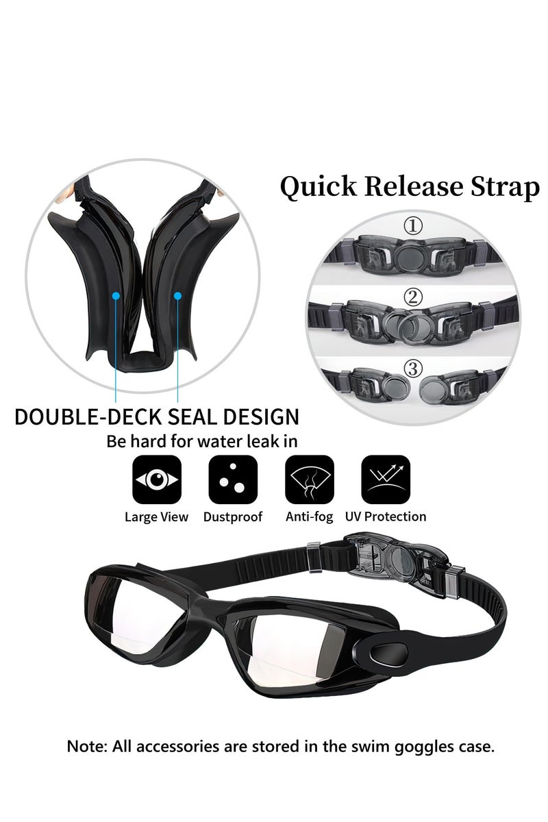Swim Goggles Swimming Goggles No Leaking with Nose Clip, Earplugs, Swim Cap and Case for Men Women （Black-Clear） - Image 2