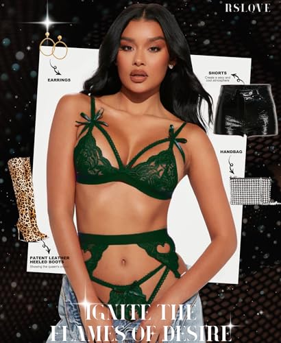 RSLOVE Lingerie For Women Lace Babydoll 3 Piece Sexy Lace Bra and Panty Sets with Garter Belts Green S - Image 3