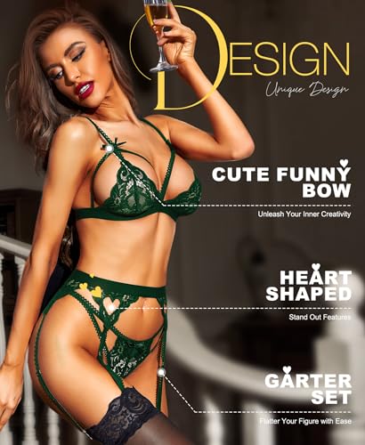 RSLOVE Lingerie For Women Lace Babydoll 3 Piece Sexy Lace Bra and Panty Sets with Garter Belts Green S - Image 2