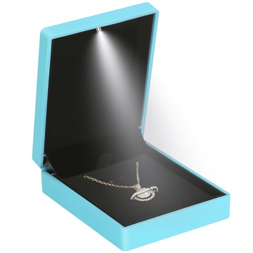 LETURE LED Light Pendant Necklace Gift Box, Velvet Jewelry Storage Display Case for Proposal Engagement Wedding Anniversary Birthday Valentine's Day (Blue Style 2) - Image 1