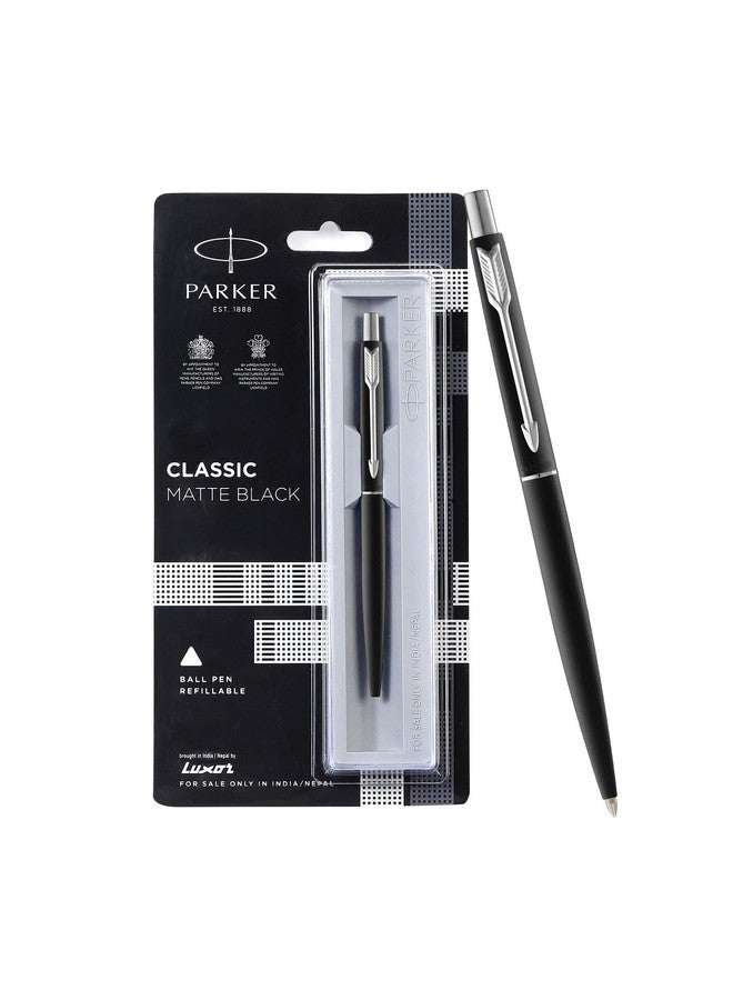 PARKER Classic Matte Black Chrome Trim Ball Pen| Ink Color - Blue | Perfect For Professional Use | Elite Pen For Corporate Purposes - Image 1