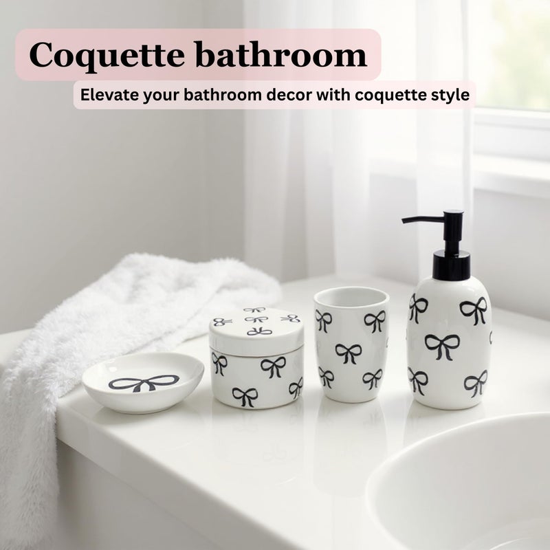Luxape Bow Bathroom Set, 4 Pcs Ceramic Bathroom Accessory Sets - Soap Dispenser, Tumbler Toothbrush Holder, Vanity Soap Tray, Cotton Swab Jars - Pink Bathroom Decor Gift for Her (Pink) - Image 4