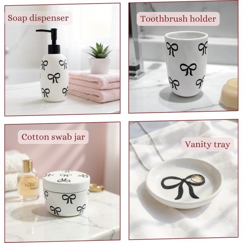 Luxape Bow Bathroom Set, 4 Pcs Ceramic Bathroom Accessory Sets - Soap Dispenser, Tumbler Toothbrush Holder, Vanity Soap Tray, Cotton Swab Jars - Pink Bathroom Decor Gift for Her (Pink) - Image 3