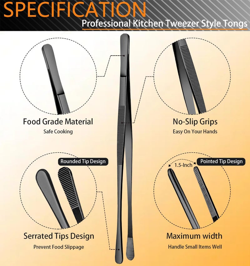 JETKONG 6 Pcs Cooking Tweezer Tongs, 12'' and 6.3" Stainless Steel Kitchen Tweezer Set, Professional Chef Tweezers for Cooking, Repairing, Sea Food, BBQ, Multi-use (Black) - Image 2