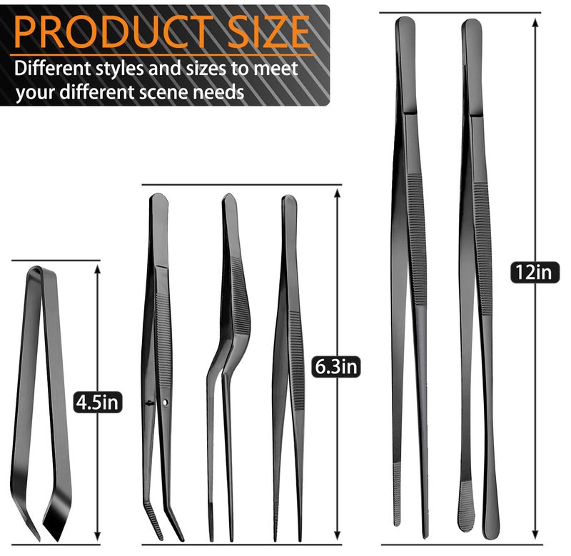 JETKONG 6 Pcs Cooking Tweezer Tongs, 12'' and 6.3" Stainless Steel Kitchen Tweezer Set, Professional Chef Tweezers for Cooking, Repairing, Sea Food, BBQ, Multi-use (Black) - Image 3