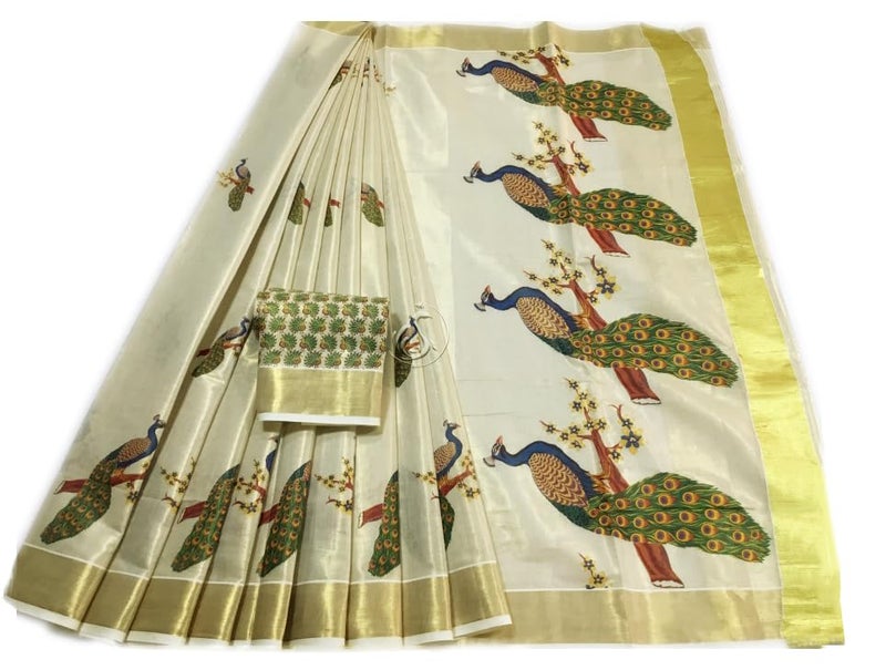 YETTALAN® Women’s Mural Printed Kerala Gold Tissue Saree with Running Blouse (Peacock 4) - Image 2